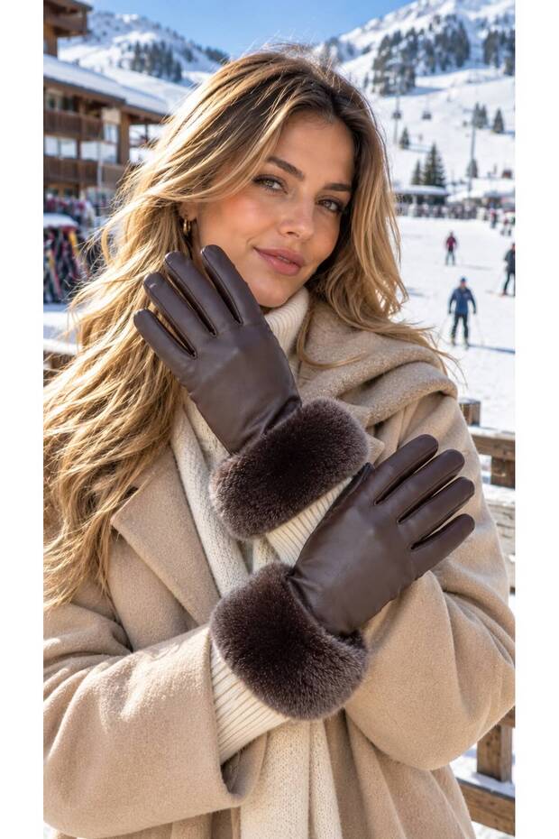 Brown Ankle Fur Faux Leather Women's Gloves