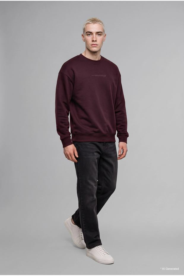 X8282Azbr150 Burgundy Boxy Fit Long Sleeve Cotton Crew Neck Soft Fuzzy Printed Sweat