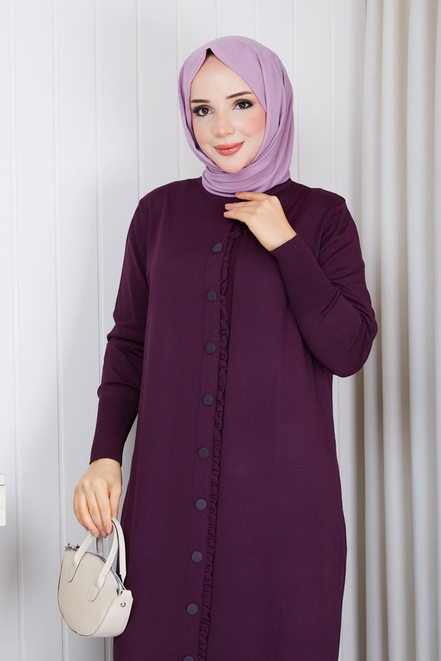Women's Button Closure Mercerized Knitwear Dress with Ruffle Detail