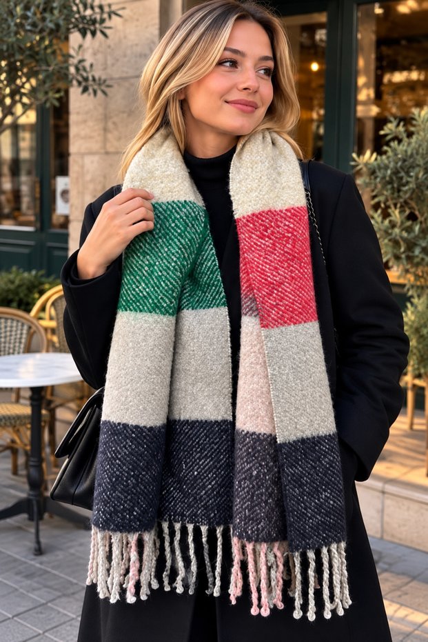 Colorful Macaroni Square Patterned Tassel Scarf - 13