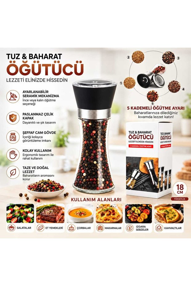 Salt & Spice Grinder Hand Grinder 18 cm Glass-Stainless Steel Body 5-Stage Grinding Adjustment