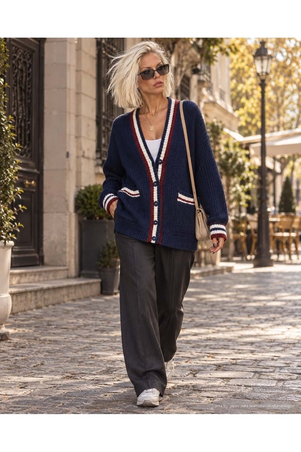 Collar Stripe Detailed Pocketed Knitwear Cardigan Women's Clothing New Season