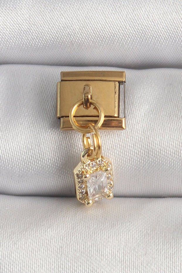 316L Steel Gold Color Hanging Zircon Stone Square Model Nomination Charm