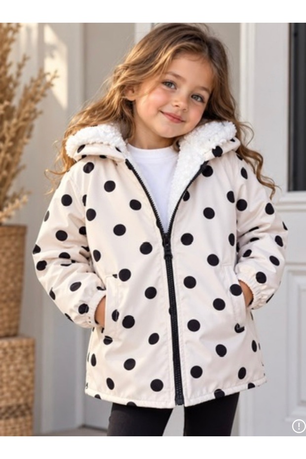 Girl's White Black Polka Dot Plush Hooded Zippered Raincoat