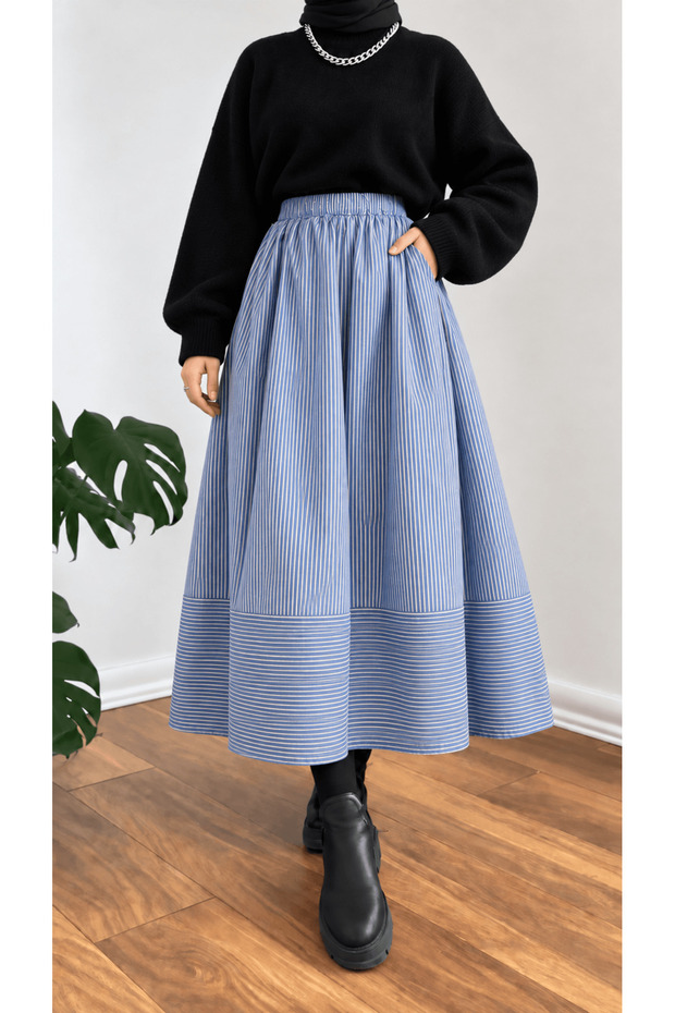 Pockets Striped Skirt - Hpm - Blue