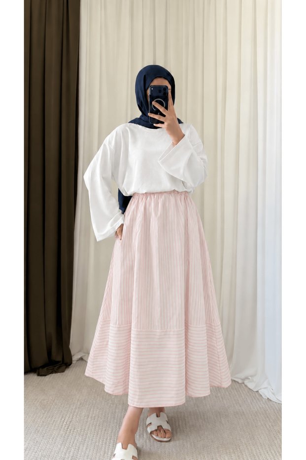 Thick Striped Skirt with Pockets - Hpm - White & Pink