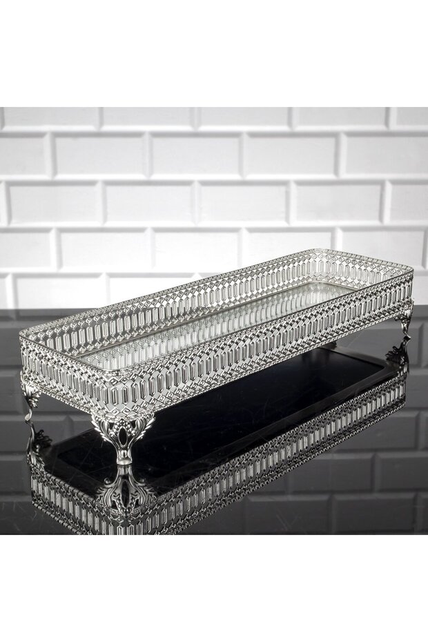 Mirrored Tray Decorative Presentation Tray Long Pearl Patterned Metal Silver 30 X 14 cm