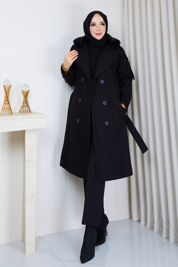 Women's Double-Breasted Collar Fur Detailed Lined Cashmere Coat