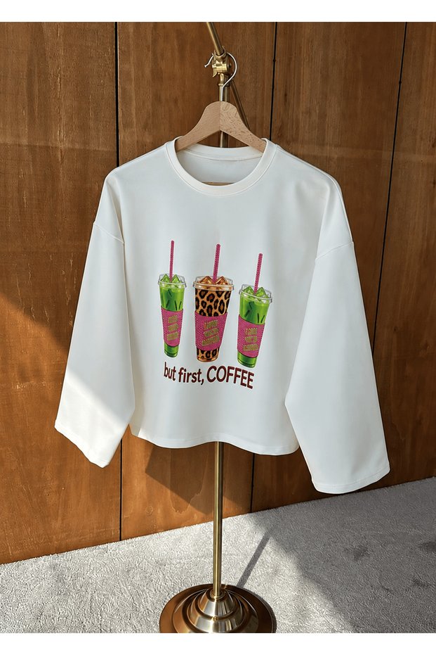 Crew Neck Sweatshirt with Coffee Text Theme - White