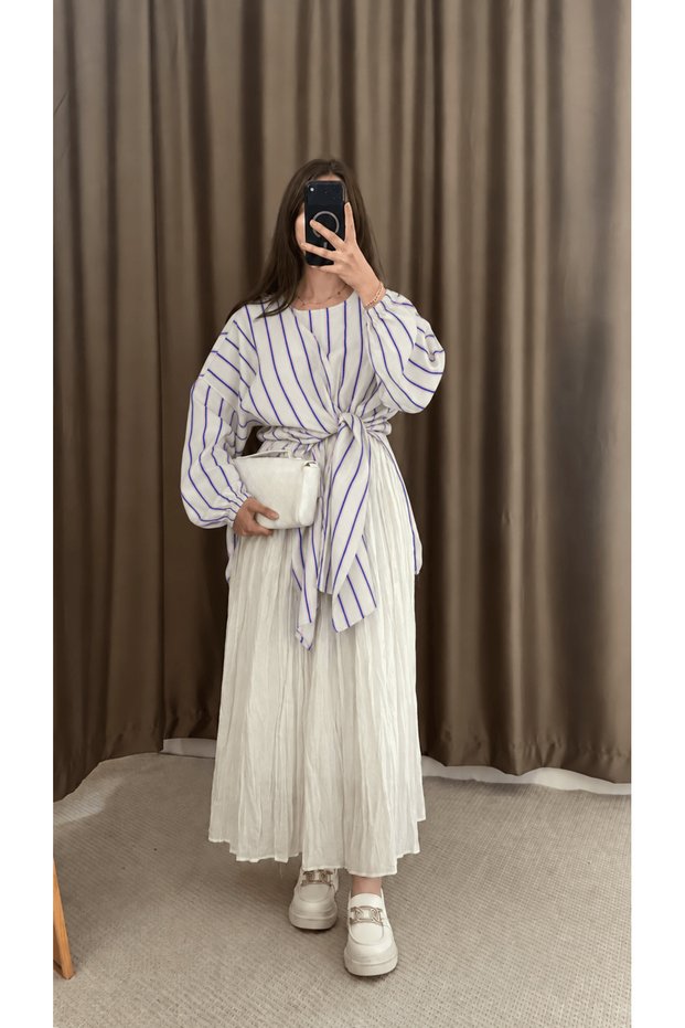 Striped Tunic with Front Slit Detail - Hpm - White