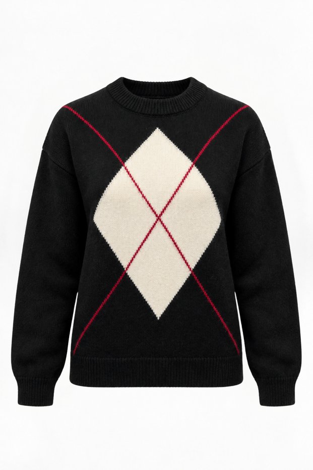 Women's Black Diamond Patterned Crew Neck Soft Textured Sweater