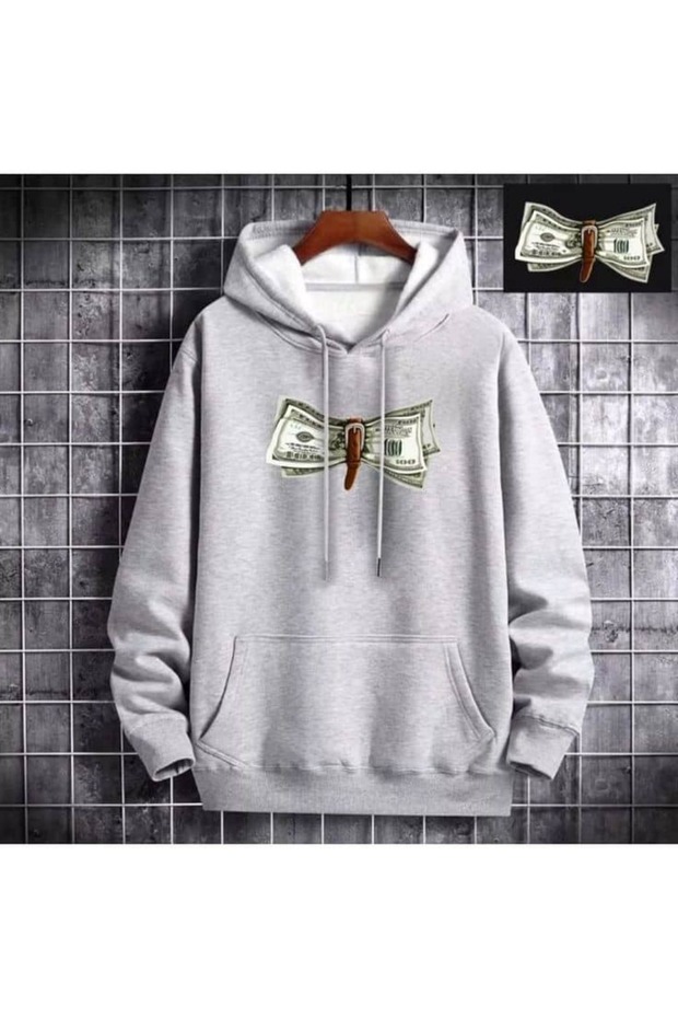 Unisex Gray Low Shoulder Oversize Hooded Casual Sweatshirt with Kangaroo Pocket