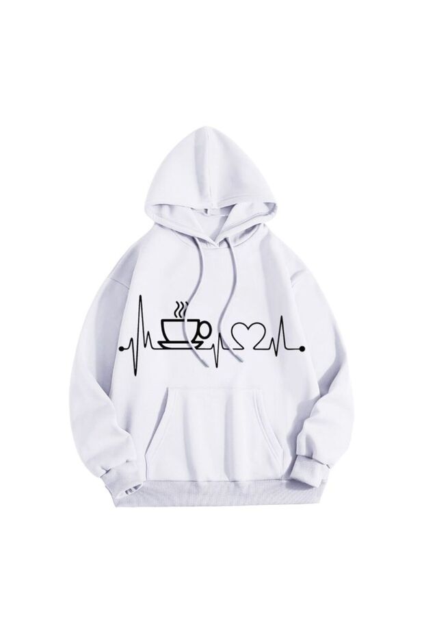 Unisex White Relaxed Fit Hooded Kangaroo Pocket Thick Sweatshirt