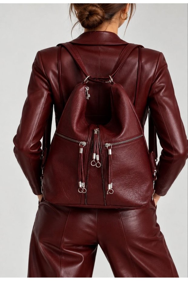 Women's Large Size Soft Leather Backpack with 4 Compartments and 2 Main Compartments (Size 38X27 cm)