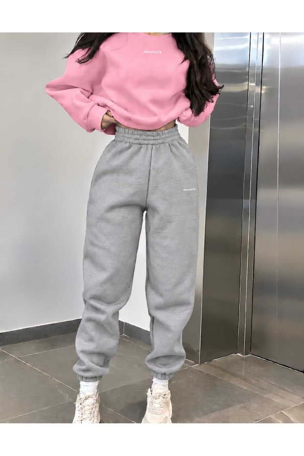 Women/Men Graphite Custom Printed Cotton Oversize Jogger Crewneck Sweatshirt Bottom Top Set