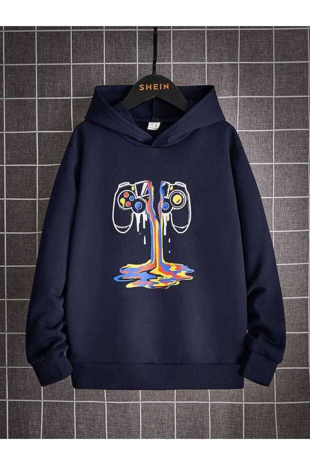 Unisex Navy Blue Relaxed Fit Hooded Kangaroo Pocket Thick Sweatshirt