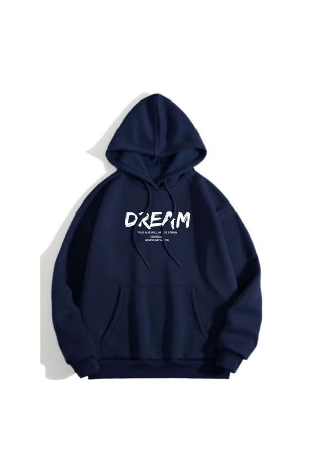 Unisex Navy Blue Relaxed Fit Hooded Kangaroo Pocket Thick Sweatshirt