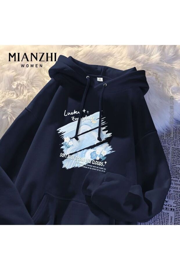 Unisex Navy Blue Low Shoulder Oversized Hooded Casual Sweatshirt with Kangaroo Pocket
