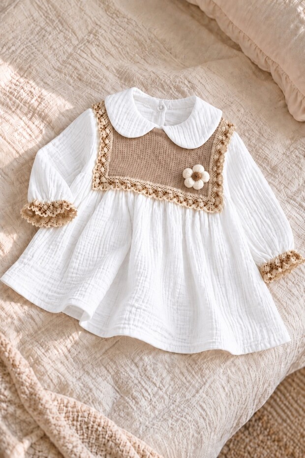 Baby Girl Dress - Floral Detailed Lace Collar Muslin Dress 6 9 12 18 Months