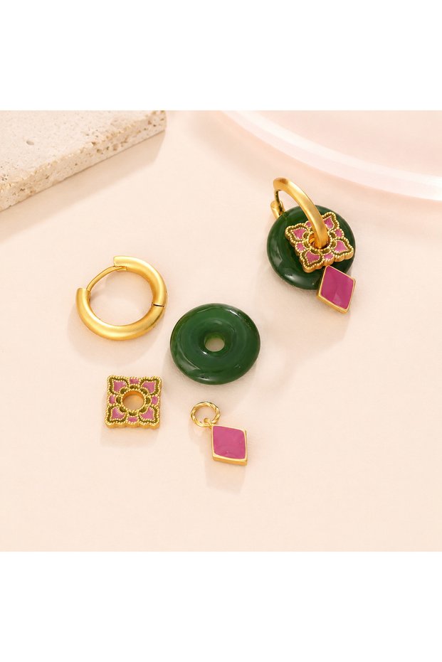 Green Jade & Fuchsia Enamel Drop Earrings