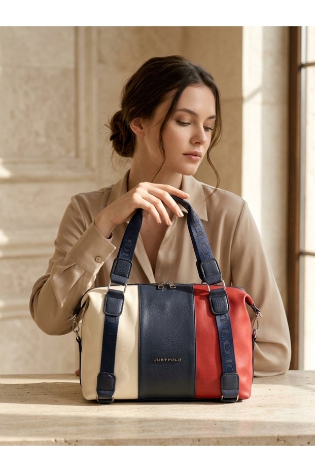 Stylish Women's Shoulder Bag with Faux Leather Texture, Logo and Stripes