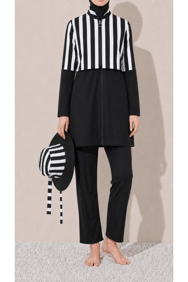 Thick Striped Hat Crop Hijab Swimsuit - Black