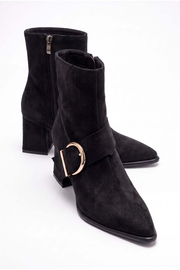 Women's Black Suede 7 cm Heeled Buckle Winter Boots Dama
