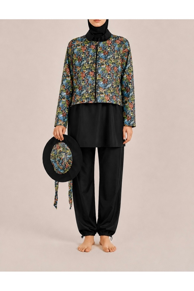 Batik Pattern Crop Hijab Swimsuit with Hat - 2356 - Black