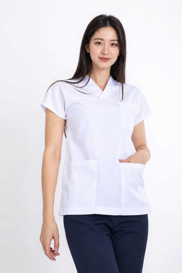 (E-Flex) Women's Single Top White Lycra Non-Ironing Nurse Doctor Uniform Surgical Top Scrubs Uniform