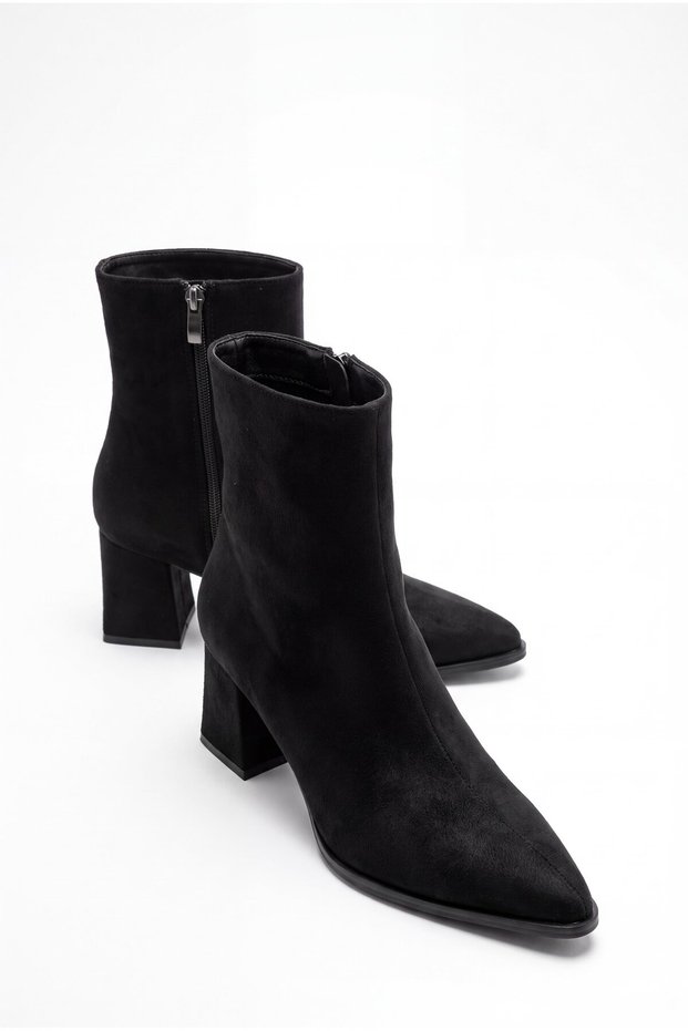 Women's Black Suede Zippered Winter Heeled Boots Erzal