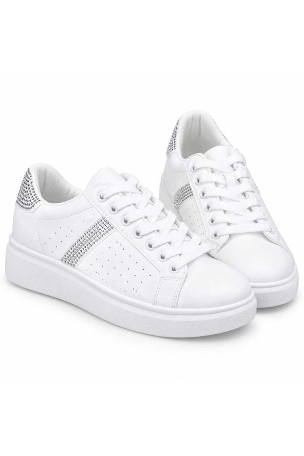 Women's White Platform Sneakers with Silver Rhinestone Details