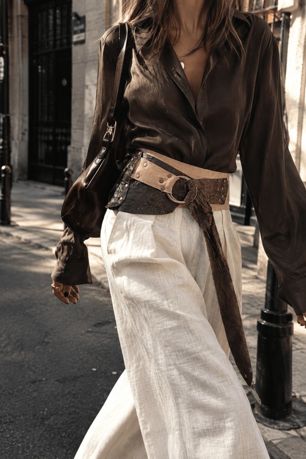 Women's Tan & Bitter Brown Wrinkled Textured Ring Buckle Leather Belt - Lune Asymmetric Belt - Standard Size
