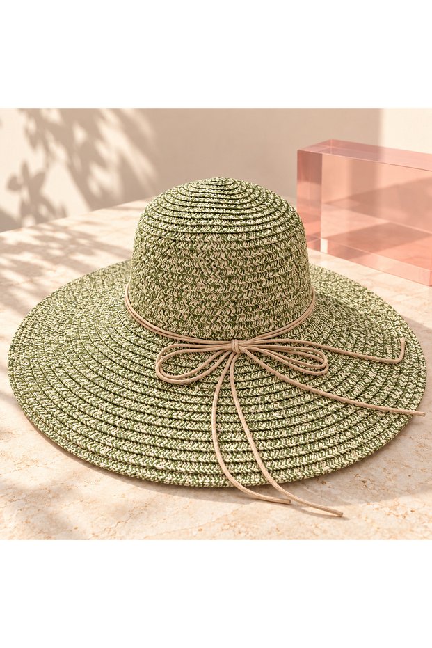 Two-Tone Woven Wide-Brim Beach Hat - Green