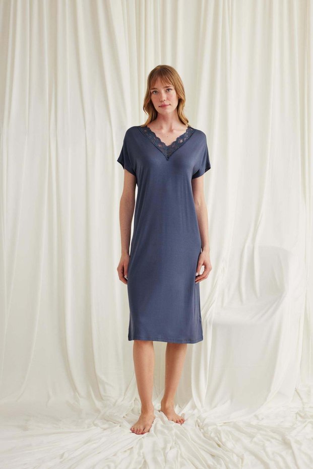 Lace Collar Short Sleeve Viscose Long Nightgown
