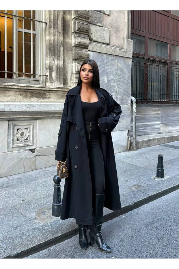 Women's Long Double-Breasted Collared Double-Button Belted Trench Coat