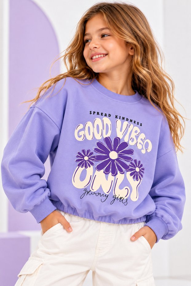 Girl's Lilac Printed Crop Sweatshirt – 100% Cotton, Comfortable and Modern Design