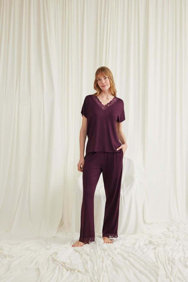 Short Sleeve V-Neck Lace Viscose Pajama Set