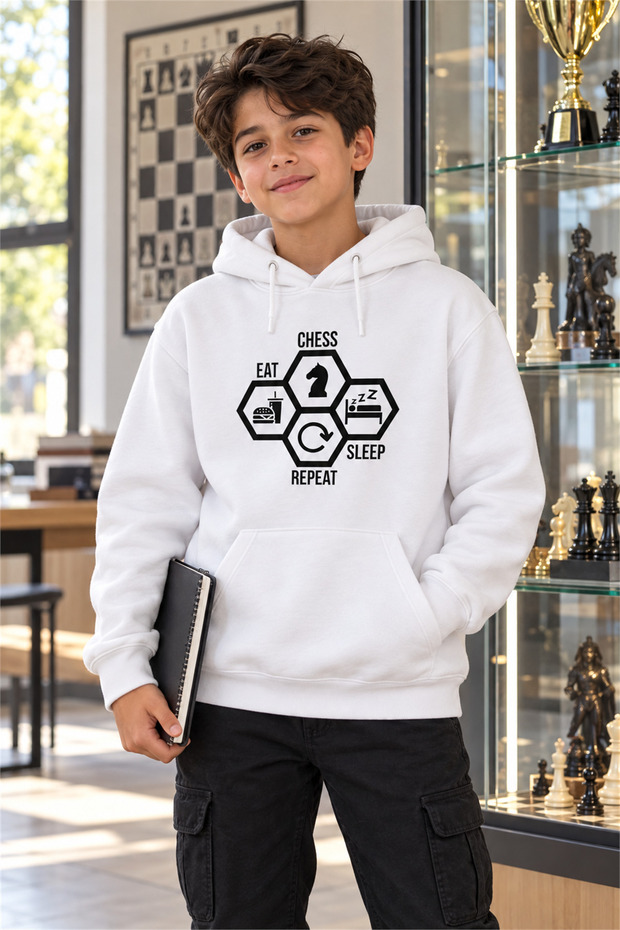 Eat Chess Sleep Repeat Kids' Fleece Hooded Sweatshirt