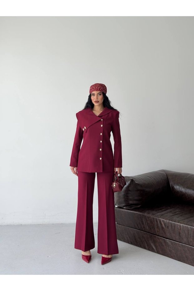 Women's Asymmetrical Collar Gold Buttoned Jacket and Pants Set