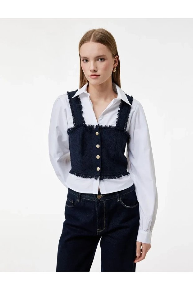 Layered Button Detail Slim Fit Crop Blouse 7Wal60008Iw Navy Blue
