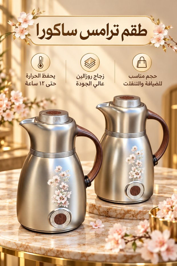 طقم ترامس ساكورا 1 لتر نيكل مطفي خشبي