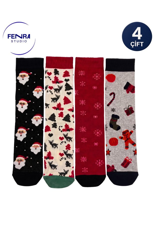 Women's 4-Pack Christmas Themed Santa Claus and Snowflake Cotton Socks Set