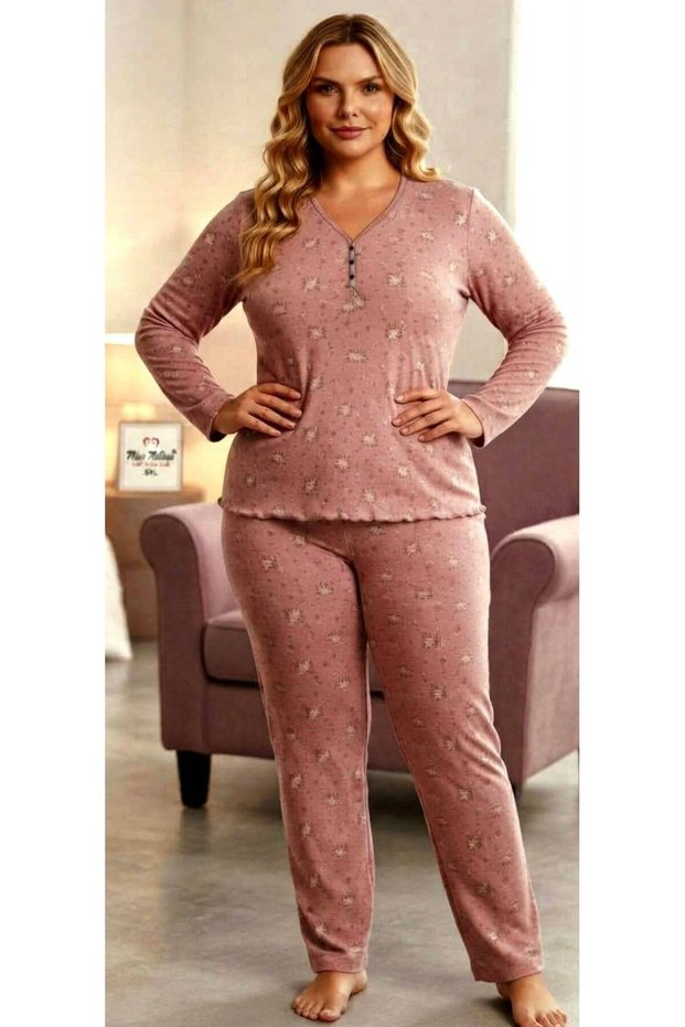Plus Size 100% Cotton Long Sleeve Women's Pajama Set Dried Rose