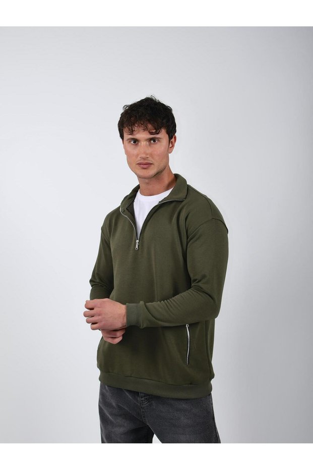 Men's Oversize Standing Collar Half Zipper Pocket Sweatshirt Without Hood 3 Threads