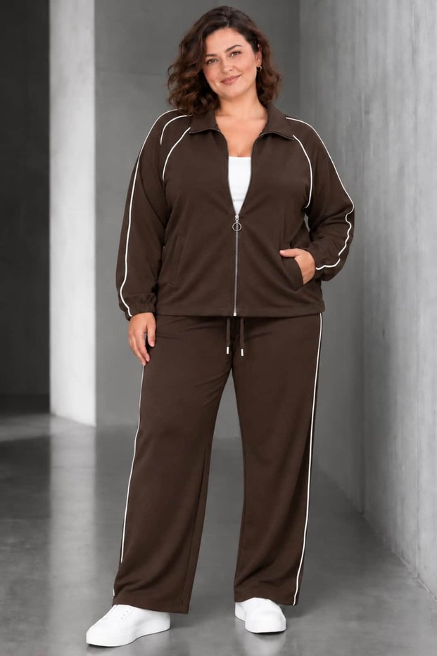 Plus Size Women's Zipper Detailed Stripe Detailed Wide Leg Sweatpants Set