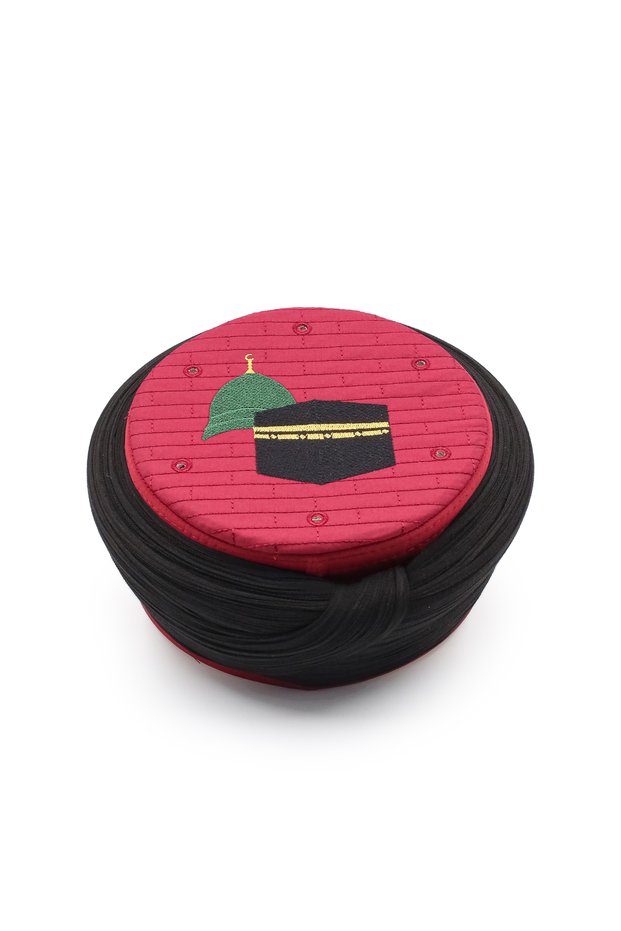 Hajj Umrah Sarige - Black Fabric - Burgundy Skullcap - Plain Wrap - Mecca-Medina - 5 Meters