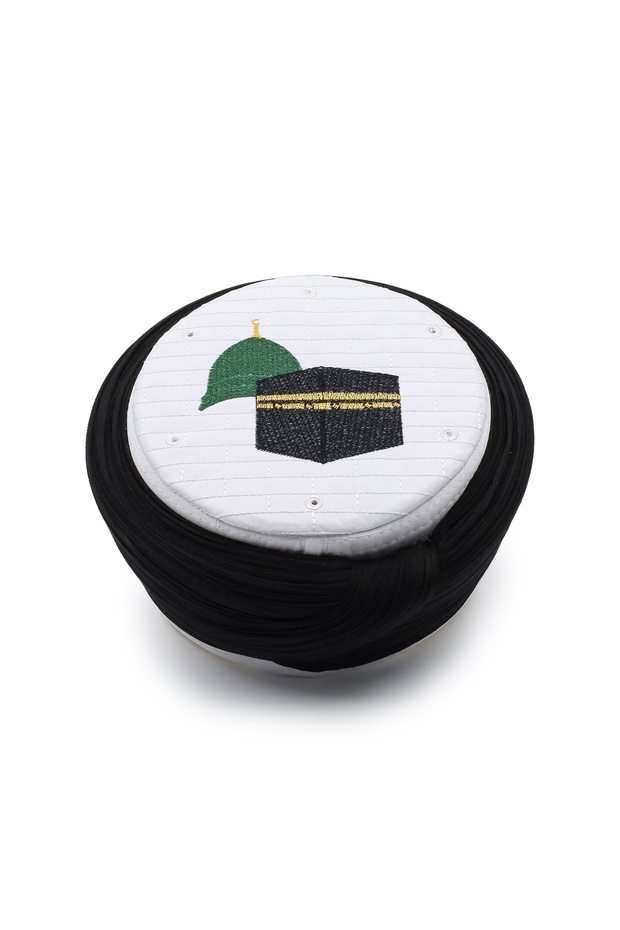 Hajj Umrah Wrap - Black Fabric - White Skullcap - Plain Wrap - Mecca-Medina - 5 Meters