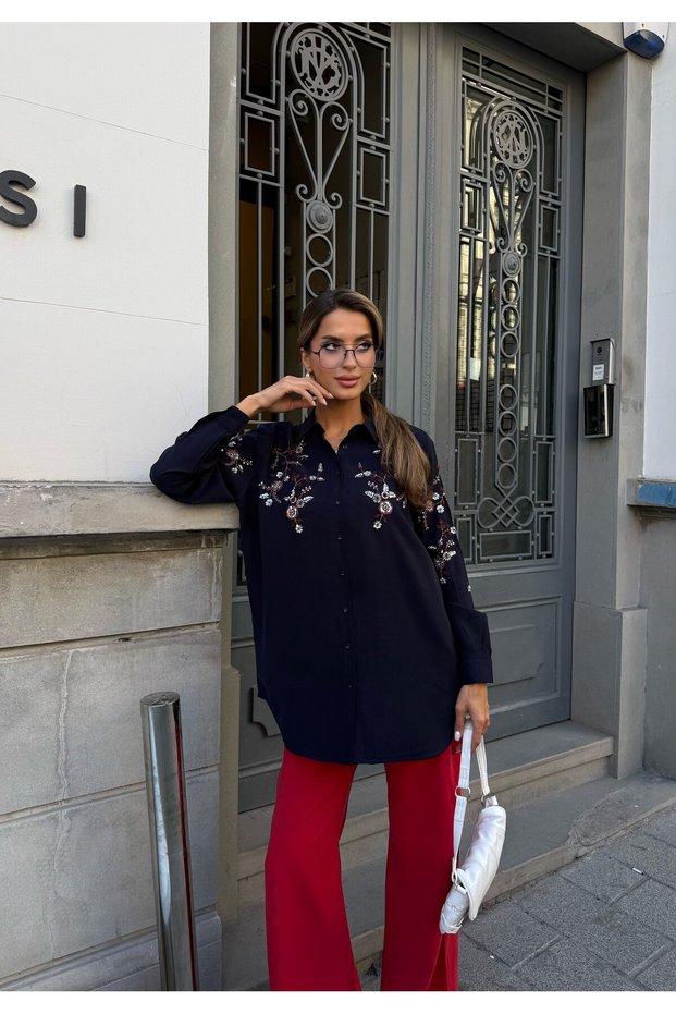 Women's Shirt with Bead Embroidery on Front and Sleeves, Standard Pants Size Suit