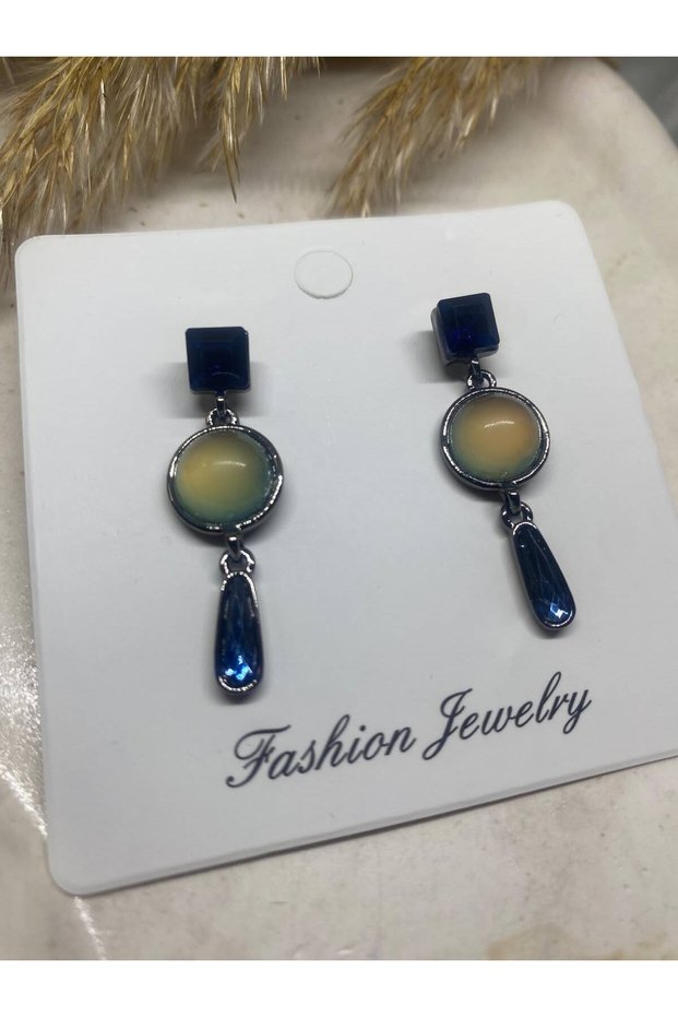 Anthracite Color Square and Drop Stone Blue Round Detailed Dangle Women's Earrings