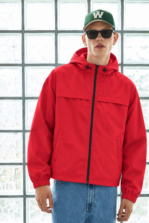 Men's Hooded Zippered Seasonal Red Raincoat